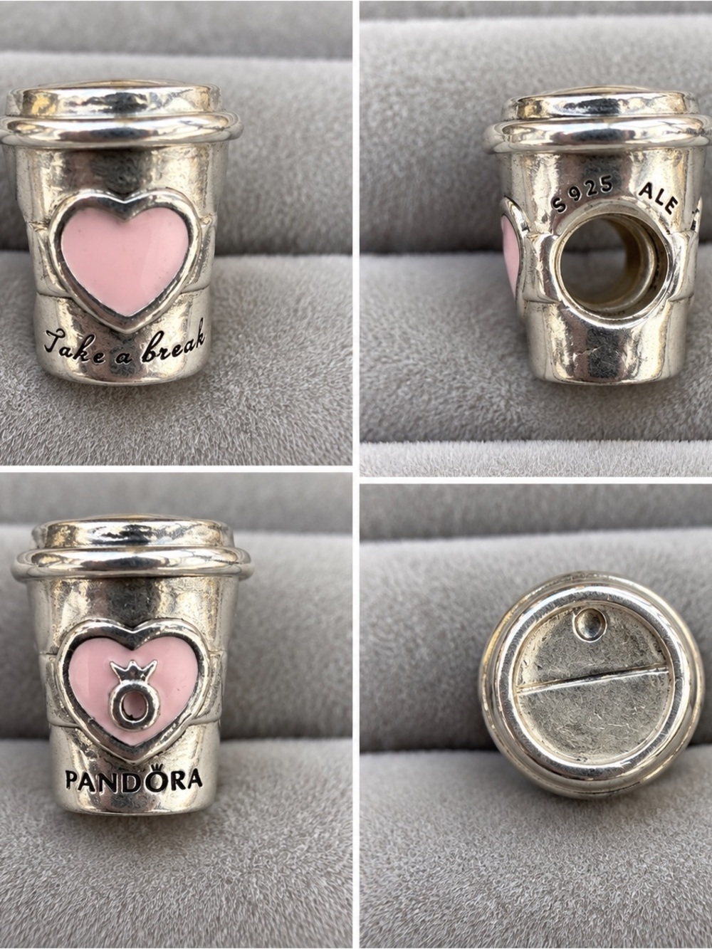 Pandora Silver Pink Heart Take a Break Coffee Cup Charm